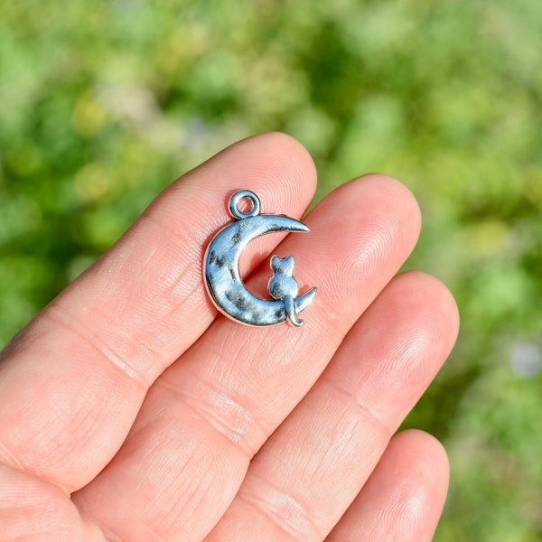 5   Cat Sitting on the Moon Silver Tone Charms SC1265