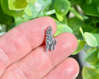 May include: A small, silver-colored charm in the shape of a dog. The charm is detailed with fur and facial features, and has a small loop at the top for attaching to a bracelet or necklace. The dog is sitting upright.