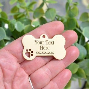 Personalized Stainless Steel Gold Plated Dog Bone Shaped with Paw Cut out, Dog Name Laser Engraved  Tag EB220E