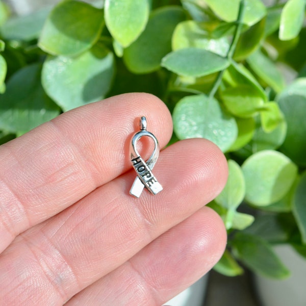 BULK 50 Cancer Awareness HOPE Ribbon Silver Tone Charms SC1955