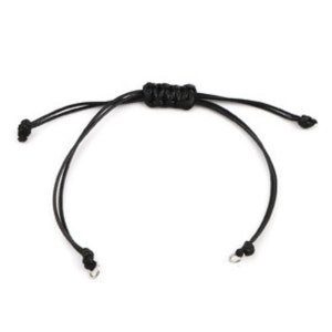 May include: A black adjustable bracelet with silver-toned lobster clasps. The bracelet is made of a thin, braided cord.