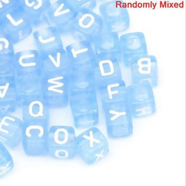 BULK 100 Light Blue Acrylic Letter Beads, 6mm, Random Mix of Letters, Square Alphabet Beads  BD1085