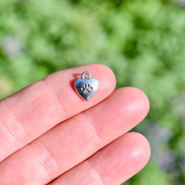 BULK 50  Heart Silver Tone Charms with One Little Paw Print SC2908