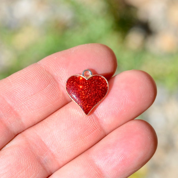 BULK 20 Red Glitter Heart Gold Tone Charms GC6600