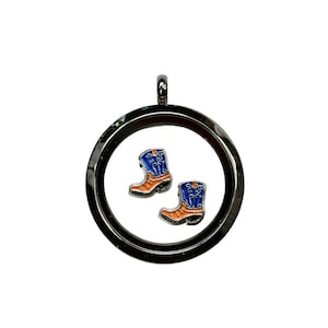 May include: Silver locket charm with two blue and orange cowboy boot charms inside.