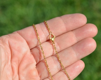 May include: A gold chain necklace with a lobster clasp closure.
