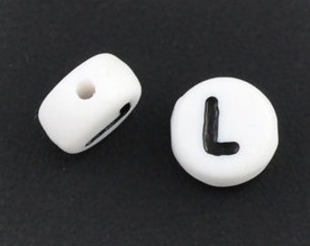 20 White Acrylic Letter L Beads, 7mm Round Alphabet Beads  BD205