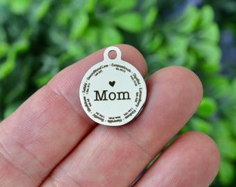 Mom Charm, Stainless Steel Engraved Pendant, Jewelry Making Supplies, Mother's Day Gift, Personalized Mom Jewelry Component CC1304