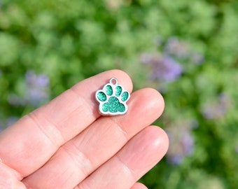 BULK 20 Paw Silver Tone and  Green Glitter Enamel Charms SC6936