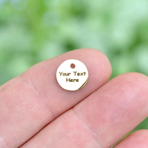 Personalized Stainless Steel Gold Plated 10mm Polished Both Sides Charm, Laser Engraved, Choose Your Font, Quantity EB63E