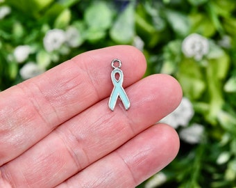 May include: A silver charm in the shape of a light blue ribbon. The ribbon is tied in a bow.