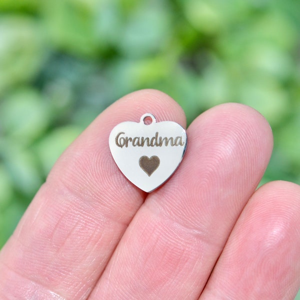 Grandma Stainless Steel 17mm Heart Charm, Laser Engraved Charm CC1187