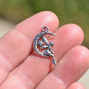 BULK 50  Fairy Sitting on the Moon Silver Tone  Charms SC5209