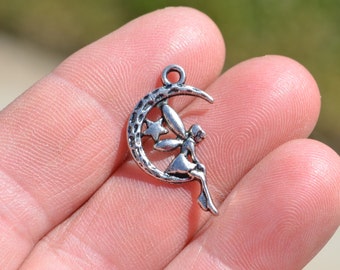 10  Fairy Sitting on the Moon Silver Tone Charms SC5209