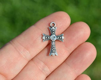 BULK 20  Rhinestone Cross Silver Tone Charms SC5222