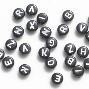 BULK 150 Black Acrylic Letter Beads, 7mm, Mixed Letters, Round Alphabet Beads  BD526