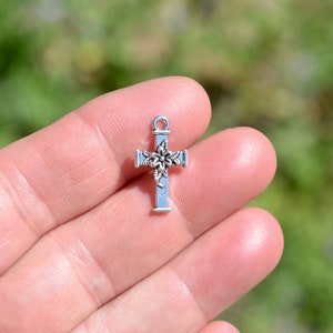 BULK 50   Cross with Flowers Silver Tone Charms SC1801