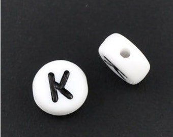 20 White Acrylic Letter K Beads, 7mm Round Alphabet Beads  BD736