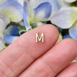 May include: Gold-colored metal letter M charm with a jump ring. The charm is small and is being held by a finger.
