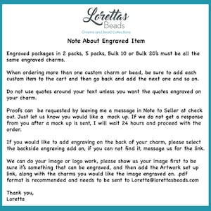 May include: A teal-colored informational graphic from Loretta's Beads. The text includes details about engraved items, ordering instructions, and contact information. The logo features the words "Lorettas Beads" in a script font.
