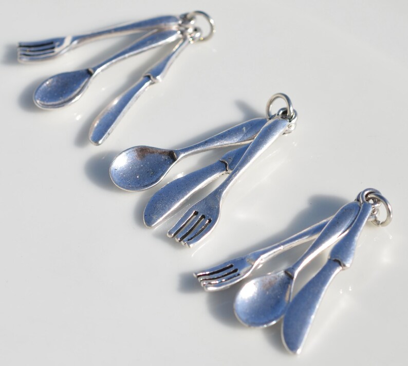 1 Spoon, Fork and Knife Set Silver Tone Charms SC3665 image 4