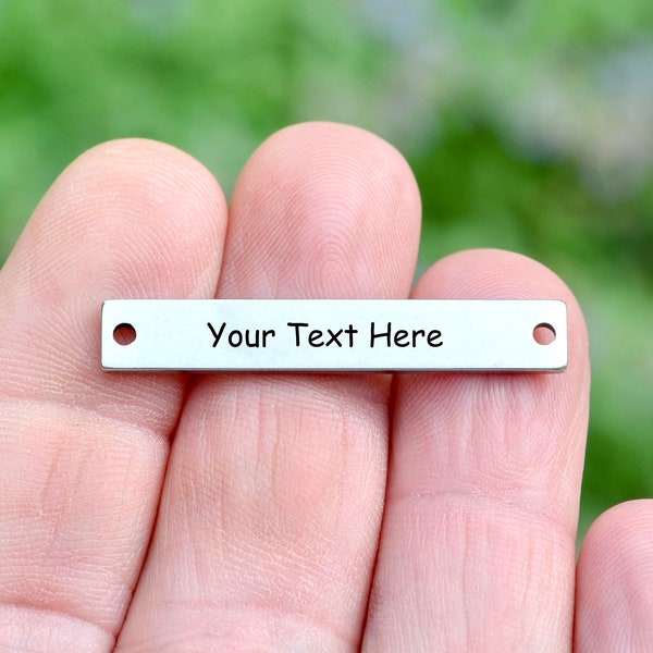 Personalized Stainless Steel Silver Rectangle Connector Charm, Laser Engraved, Choose Your Font and Quantity Options EB24E