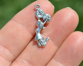 BULK 50 Cheerleader Girl with Pom Pom Silver Tone Charms SC3314