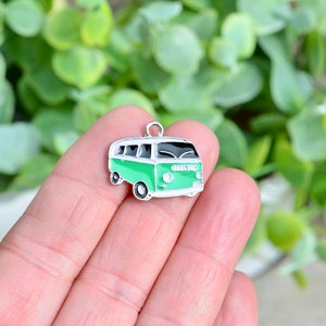 5  Bus Green and White Enamel Charms  SC2720