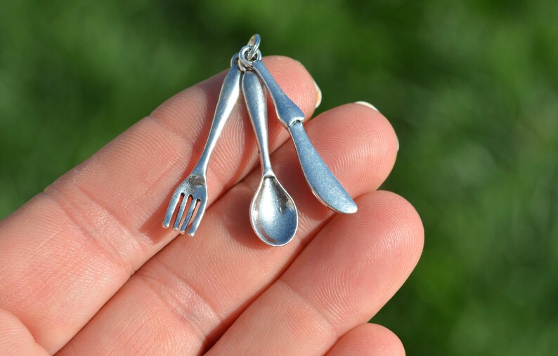 1 Spoon, Fork and Knife Set Silver Tone Charms SC3665 image 1
