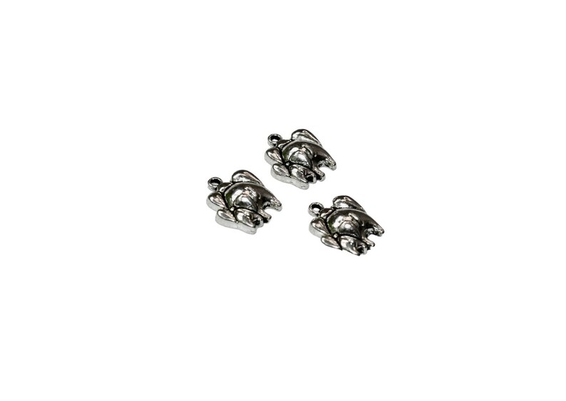May include: Three silver turtle charms with a detailed design. The charms are small and perfect for adding a touch of whimsy to jewelry or crafts.