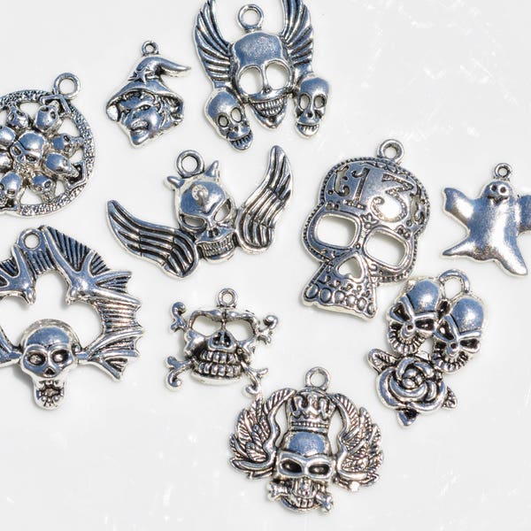 BULK 20 Halloween Gothic Skull  and Ghost Silver Tone Mixed Set of Charms SC4138