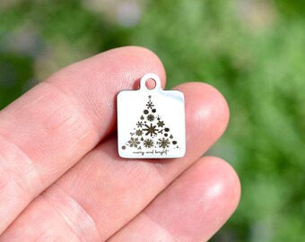 Merry and Bright  Christmas Tree Charm, Engraved Stainless Steel Holiday Pendant, Snowflake Tree Jewelry, DIY Christmas Gift  CharmCC1163
