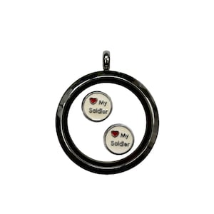May include: A black locket necklace with two silver charms that say "My Soldier" with a red heart.