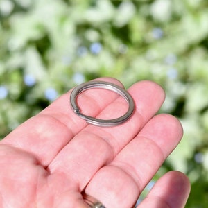 May include: A silver key ring with a circular shape.