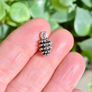 May include: A silver-toned metal charm shaped like a pine cone. The charm has a loop at the top for attaching to a necklace or bracelet.