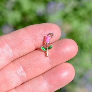 5 Dark Pink Enamel Rose Flower Gold Tone Charms GC2189