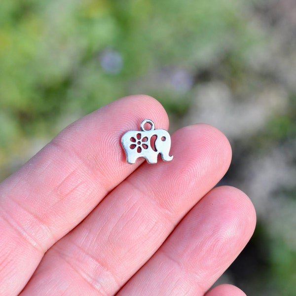 10 Elephant with Flower Design Silver Tone Charms SC3208