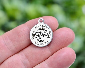 Thankful Grateful Blessed Charm, Stainless Steel Faith Inspirational Engraved Pendant CC1633