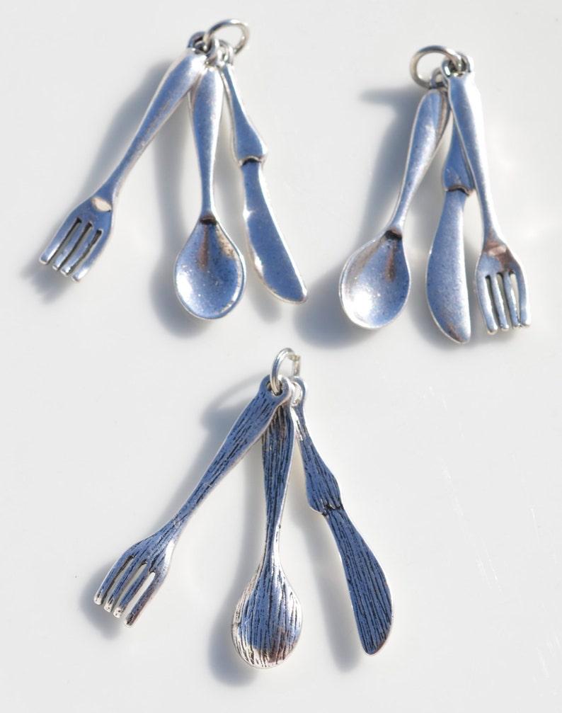 1 Spoon, Fork and Knife Set Silver Tone Charms SC3665 image 5