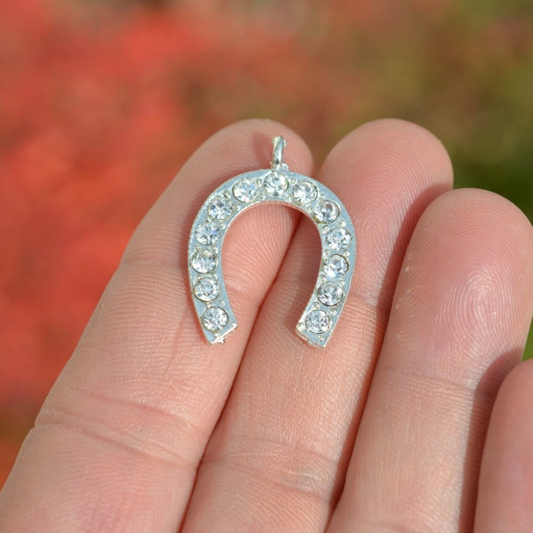 BULK 10 Rhinestone Horseshoe Silver Tone Charms SC2597