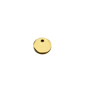 Op de afbeelding: Een kleine, ronde, gouden metalen hanger met een gat in het midden.