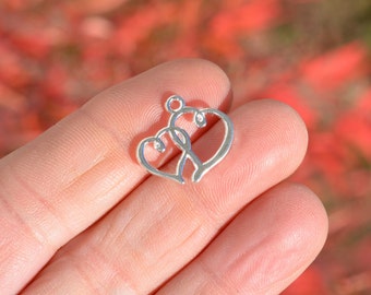 BULK 50  Bright Silver Plated Double Heart  Charms SC6427