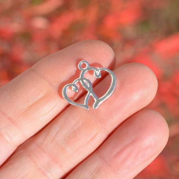 BULK 50  Bright Silver Plated Double Heart  Charms SC6427