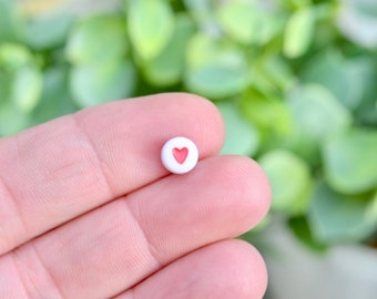 BULK 100 White Acrylic with Red Heart Beads, 7mm Round, Bead Supplies BD1061