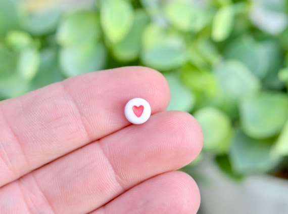 BULK 100 White Acrylic With Red Heart Beads, 7mm Round, Bead