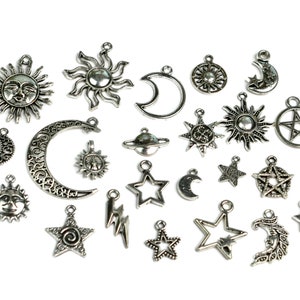 BULK 20 At Random Celestial Sun Moon and Star Silver  Tone Mixed Set of Charms SC1736