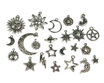 BULK 20 At Random Celestial Sun Moon and Star Silver  Tone Mixed Set of Charms SC1736