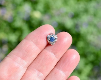 BULK 20 Heart Silver Tone Charms with a Blue Glass Stone Center  SC6413