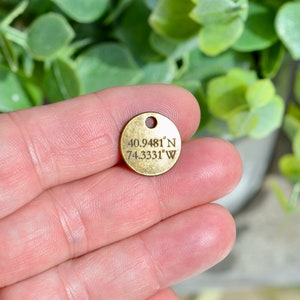 May include: A round, gold-colored metal tag with the coordinates "40.9481' N 74.3331' W" engraved on it.
