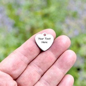 Personalized  Stainless 316L Steel Polished Both Sides Charm, Laser Engraved, Choose Your Font, and Quantity,  Heart Charm EB03E
